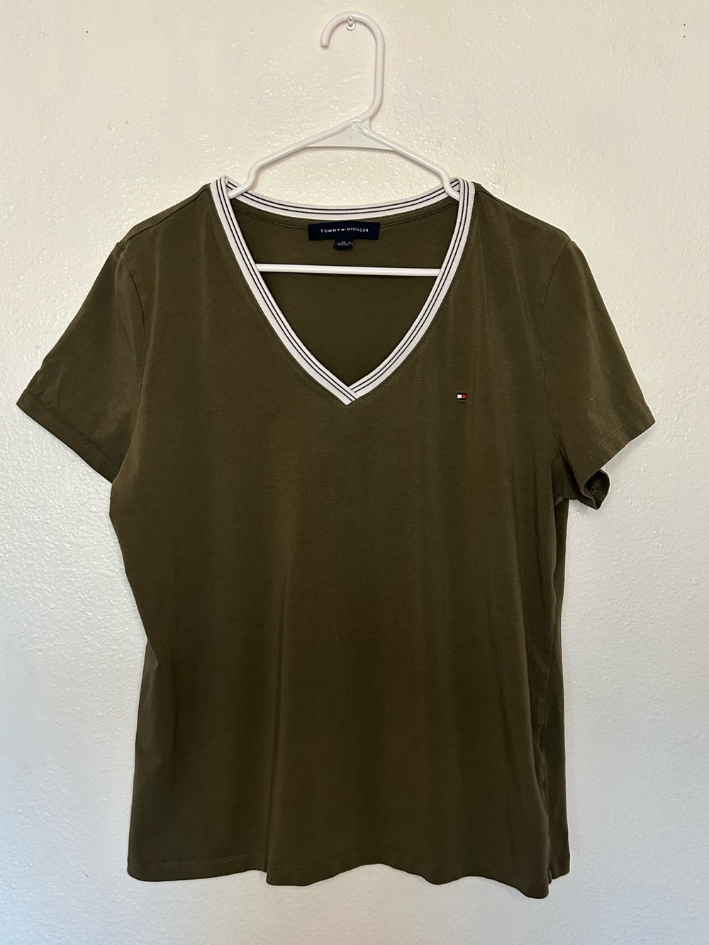 Tommy Hilfiger Olive Green V-Neck Tee with Striped Neckline